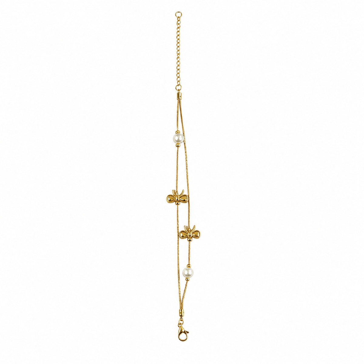 Gold-tone stainless steel bow bracelet with pearl-style beads on a white background