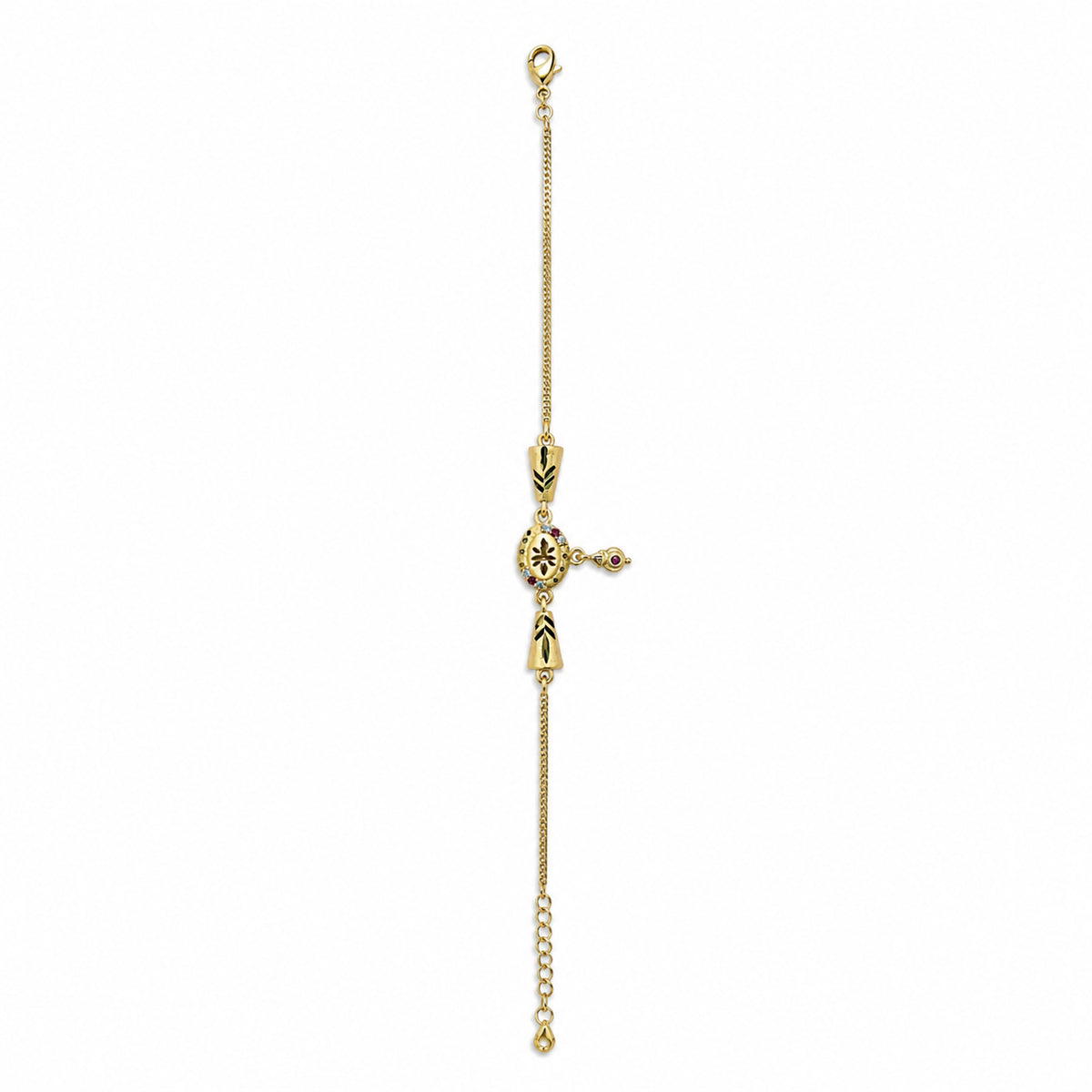 Micro gold-plated floral charm bracelet with multicolour stones on a white background