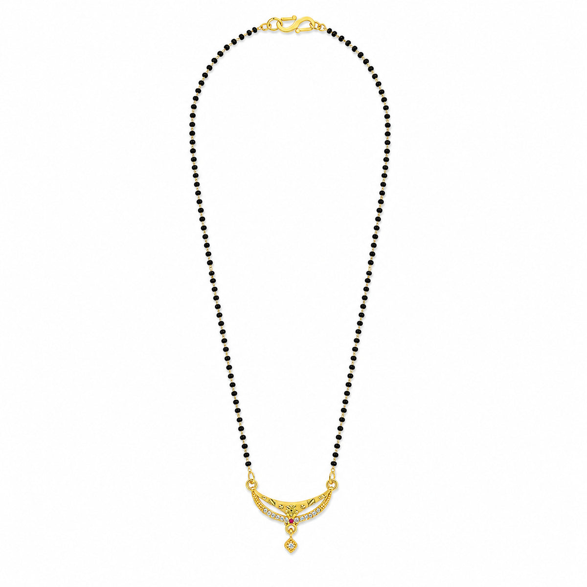 Black bead mangalsutra with a curved clear-stone pendant and hanging charm on white
