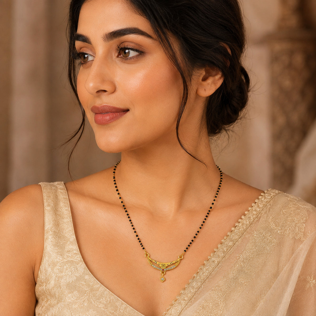 Woman wearing the black bead mangalsutra with curved gold-tone pendant