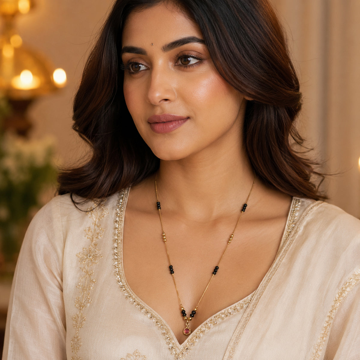 Woman wearing the gold-tone mangalsutra with black bead clusters and pink pendant