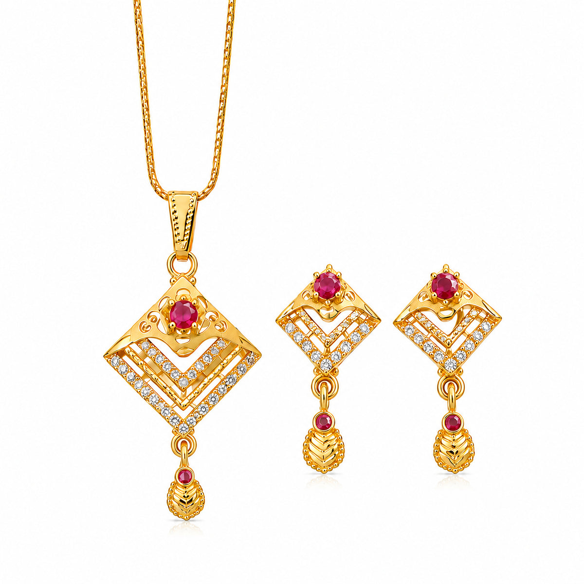 Red stone chevron pendant set with chain and matching earrings on a white background