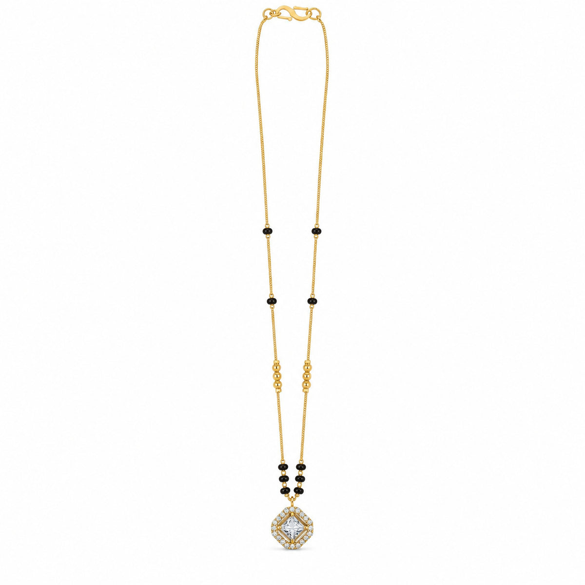 Square Clear-Stone Pendant Black Bead Mangalsutra for Women in Gold-Tone Brass