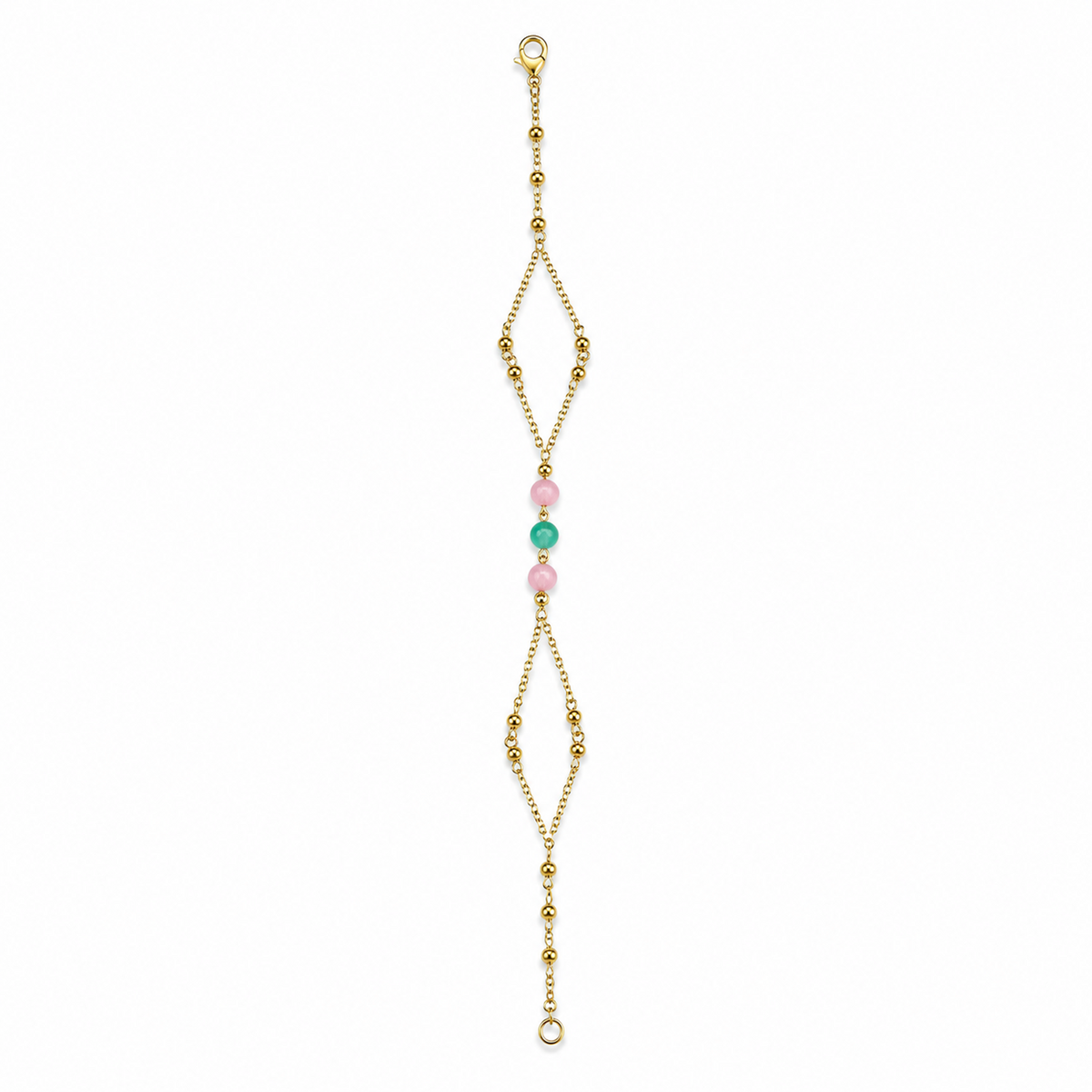 Gold-Tone Double-Chain Brass Bracelet with Pink and Green Beads for Women