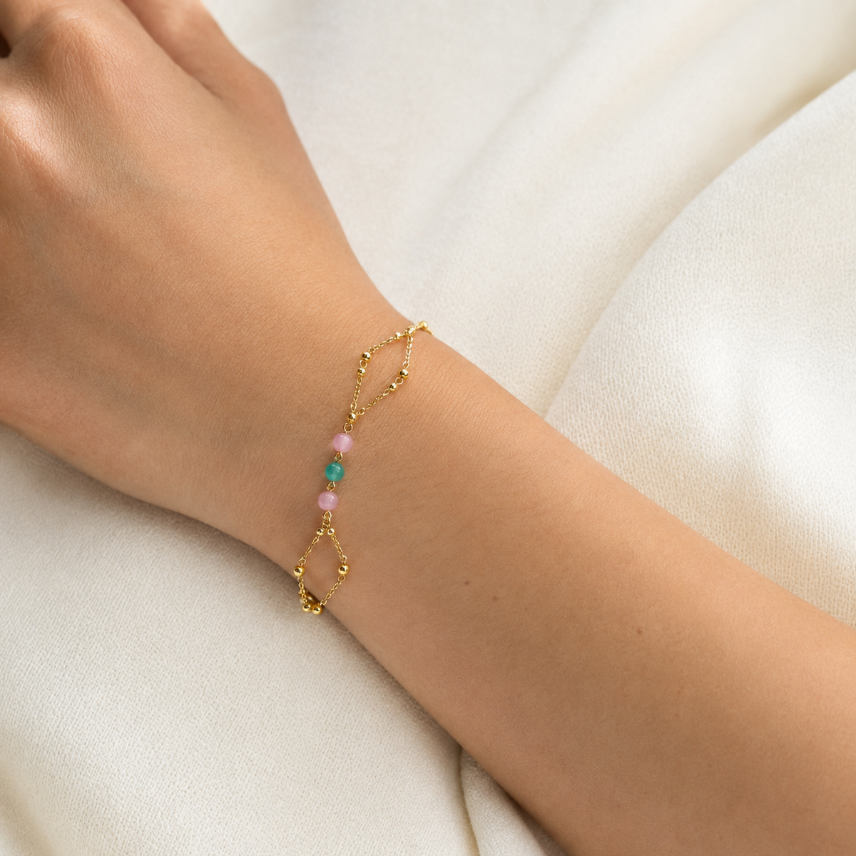 Double-chain bead bracelet shown on a wrist for scale