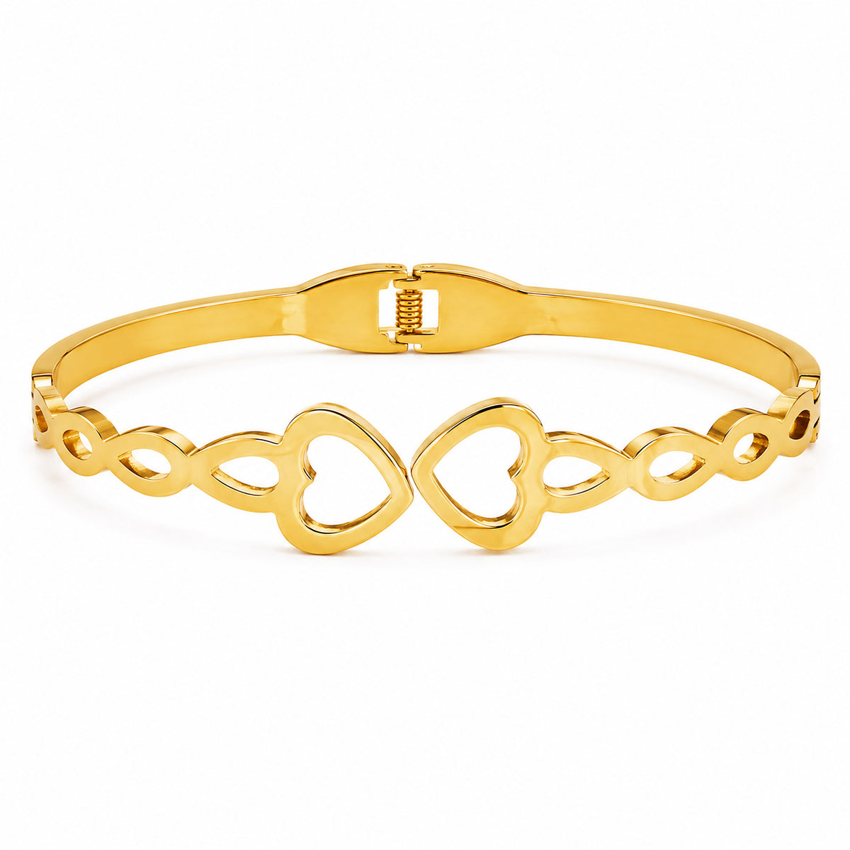 Gold-tone double-heart stainless steel hinged bangle on a white background
