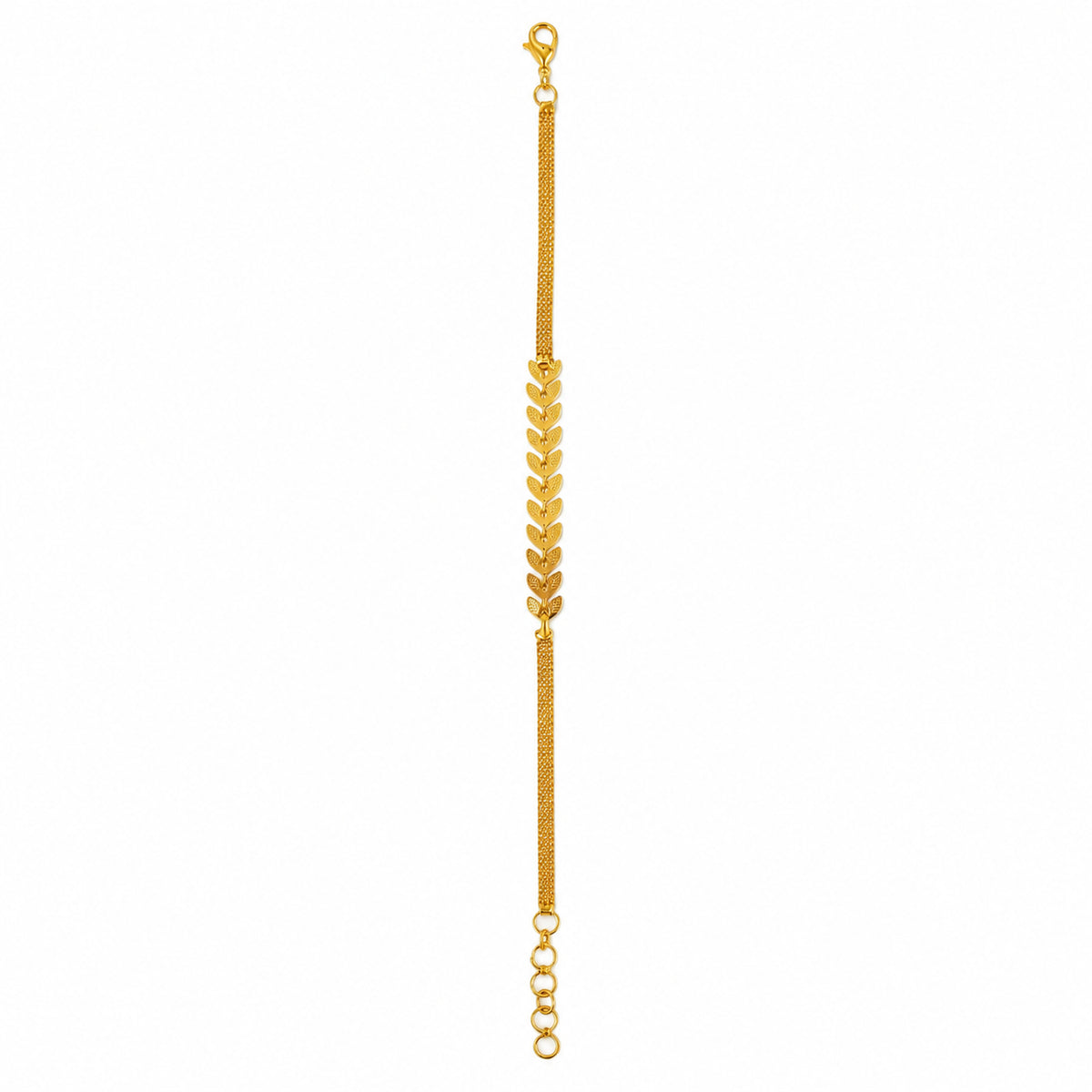Gold-tone leaf motif brass chain bracelet for women on a white background