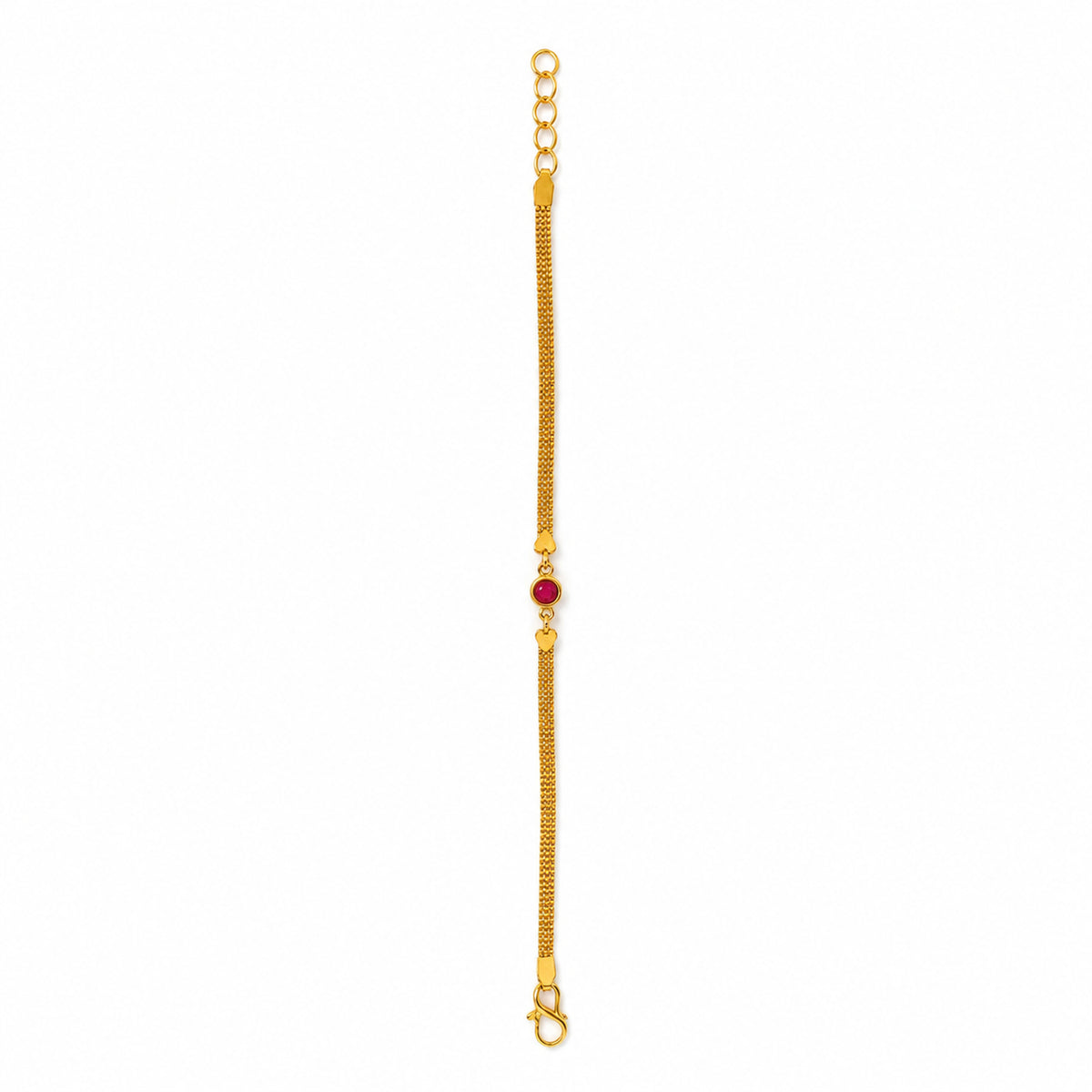 Gold-Tone Brass Red Stone Chain Bracelet for Women with Heart Accents