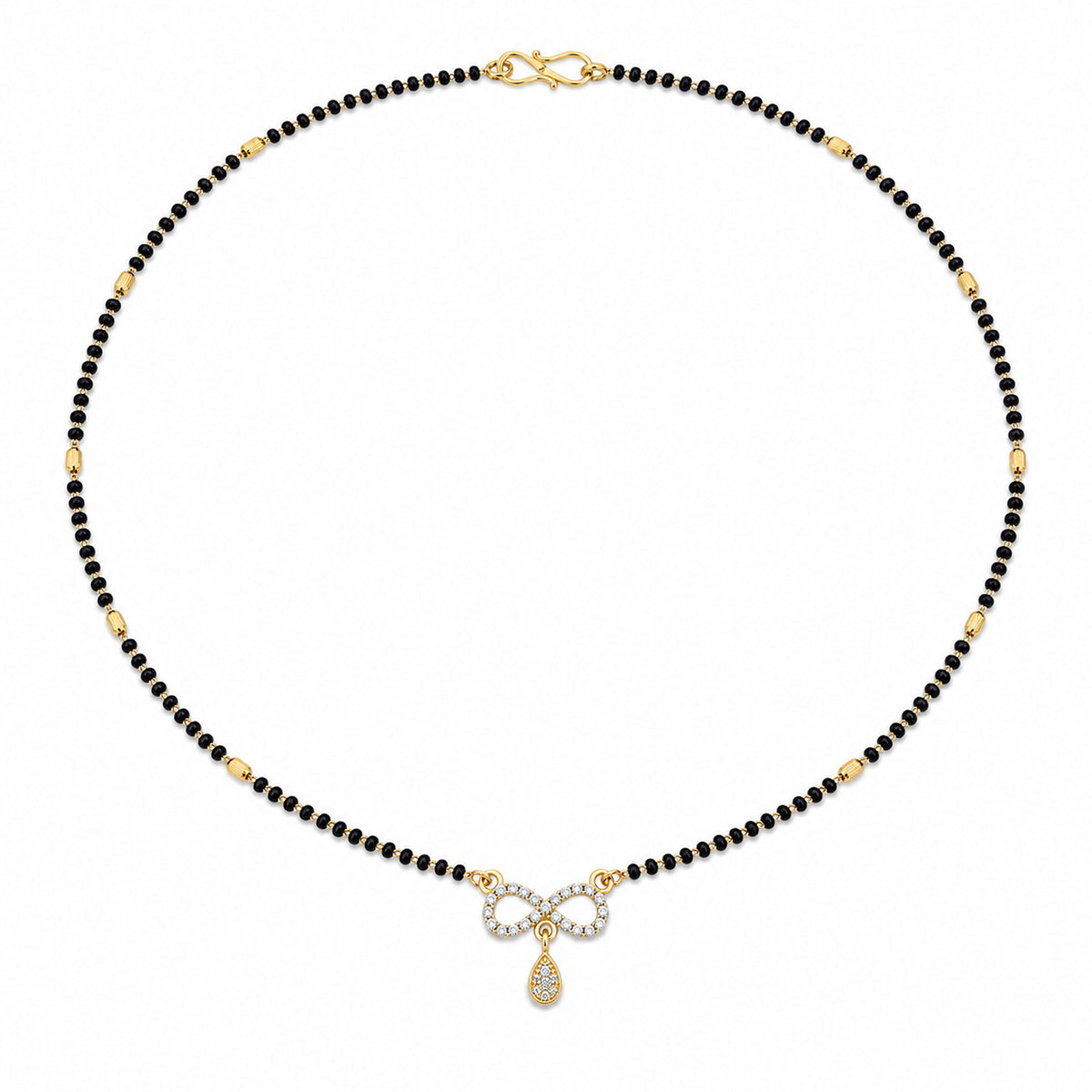 Black bead mangalsutra with a clear-stone infinity pendant and teardrop dangle on white