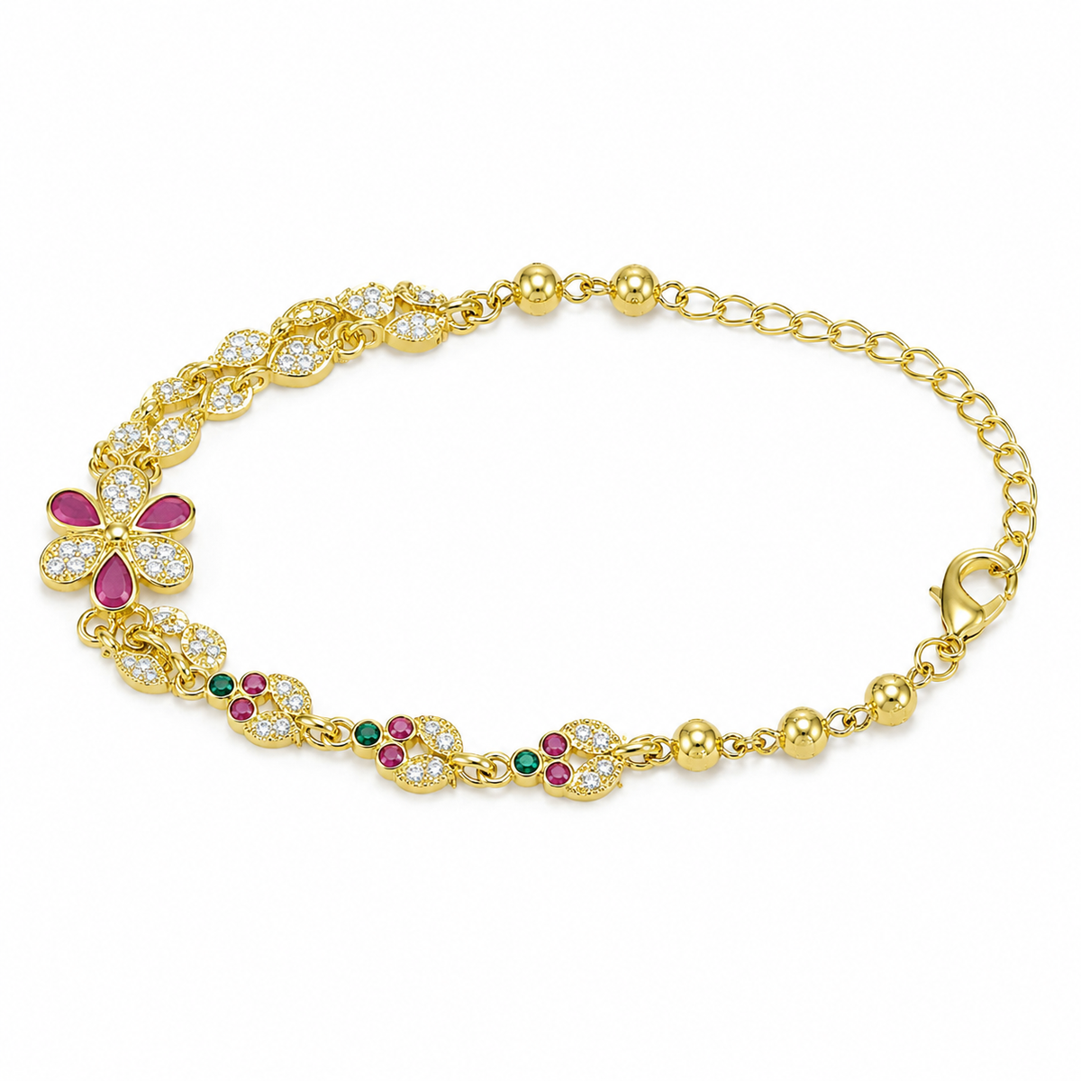 Micro Gold-Plated Brass Floral Bracelet for Women with Pink, Green & Clear Stones