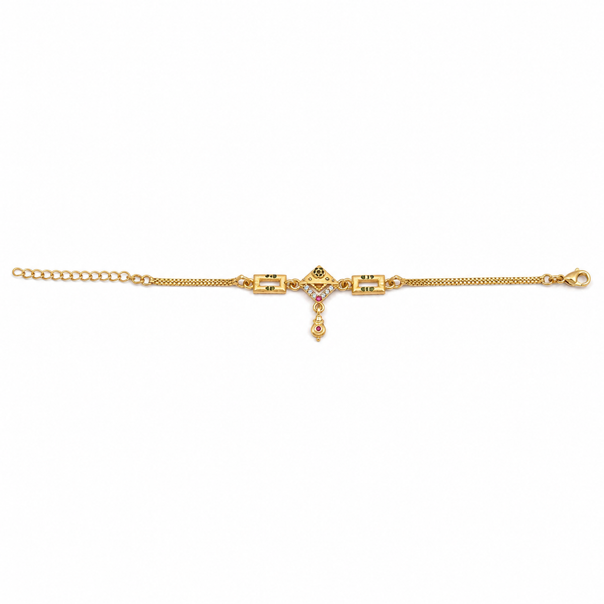 Micro gold-plated geometric charm bracelet with a drop charm on a white background