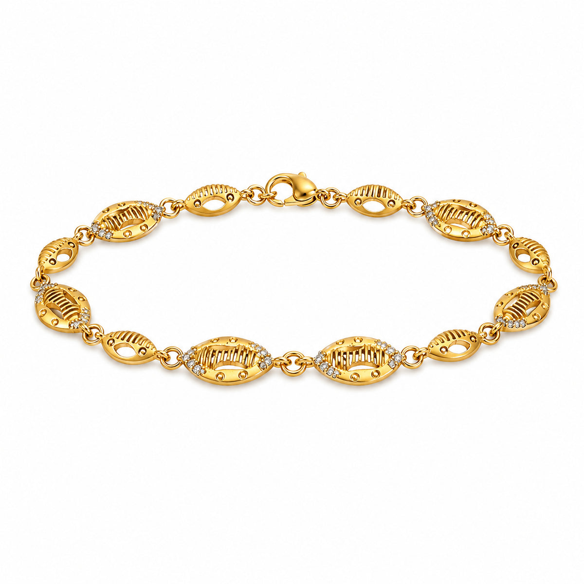 Micro Gold-Plated Brass Textured Oval Link Bracelet for Women with Clear Stones
