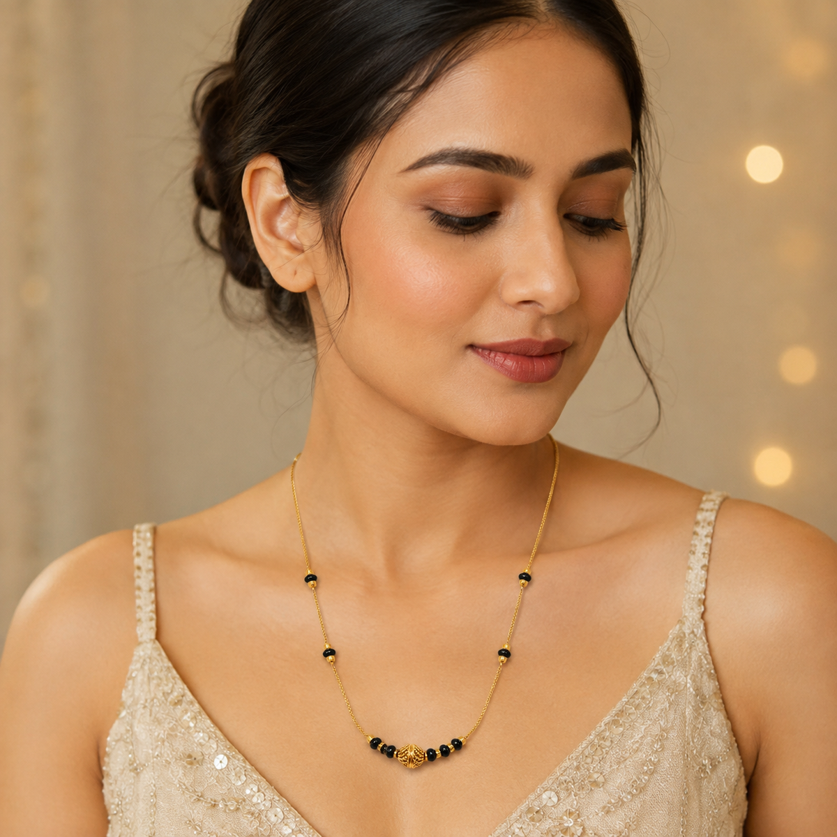 Woman wearing the black bead mangalsutra with textured gold-tone centre