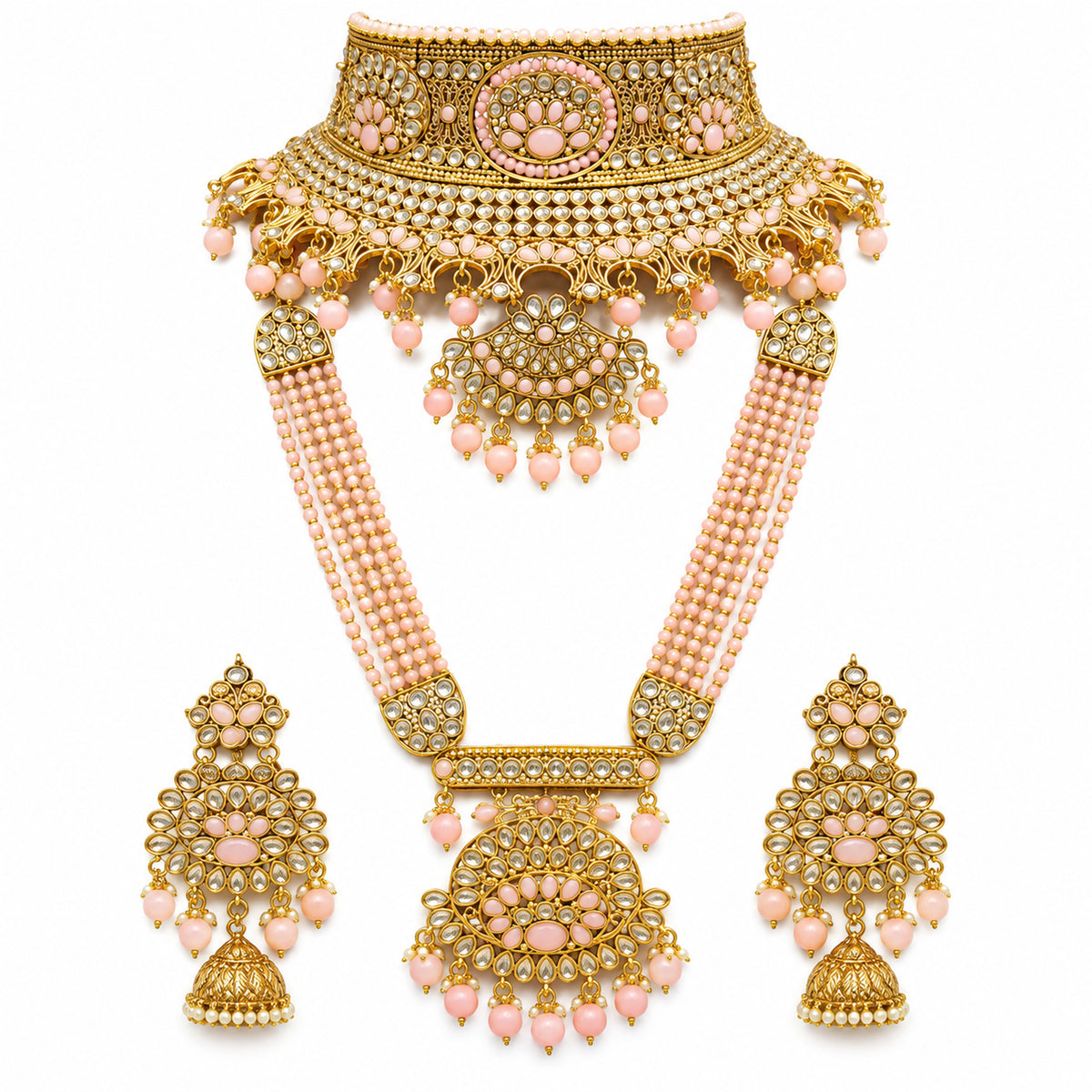 Blush pink bridal set with medallion collar choker, multi-strand bead haar and jhumkas on white