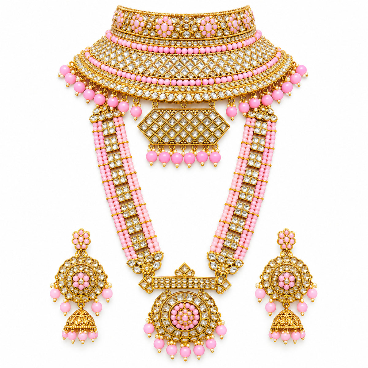Blush pink lattice Kundan-style bridal jewellery set with choker, round-pendant haar and jhumkas on white