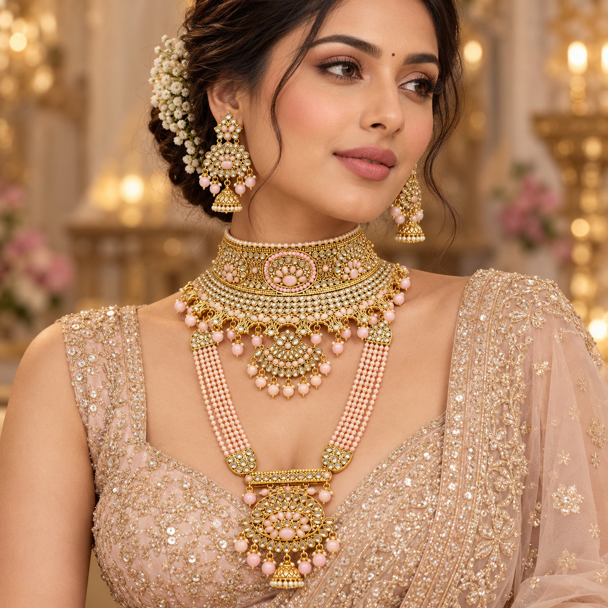 Model wearing the blush pink floral choker, multi-strand haar and jhumka earrings