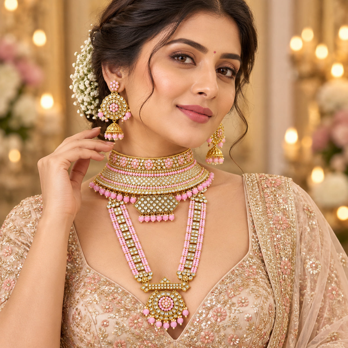 Model in an embroidered blush outfit wearing the pink lattice choker, long haar and jhumkas