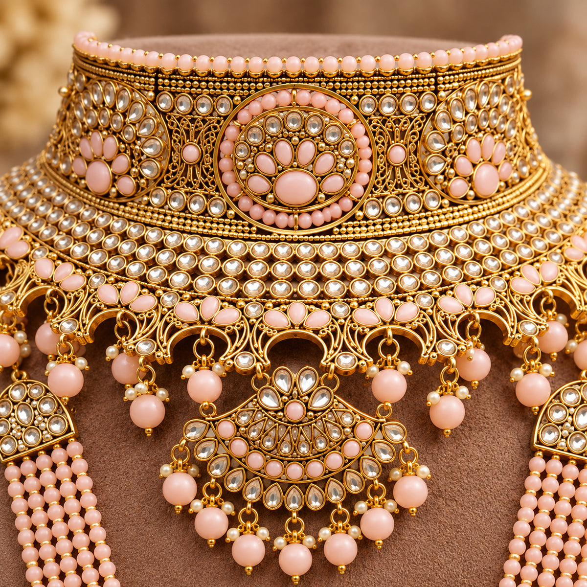 Close-up of the pink bead medallion, clear stonework and hanging fringe on the choker
