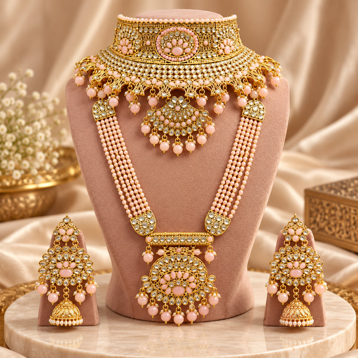 Blush pink beaded bridal set displayed on a beige bust with draped fabric and flowers