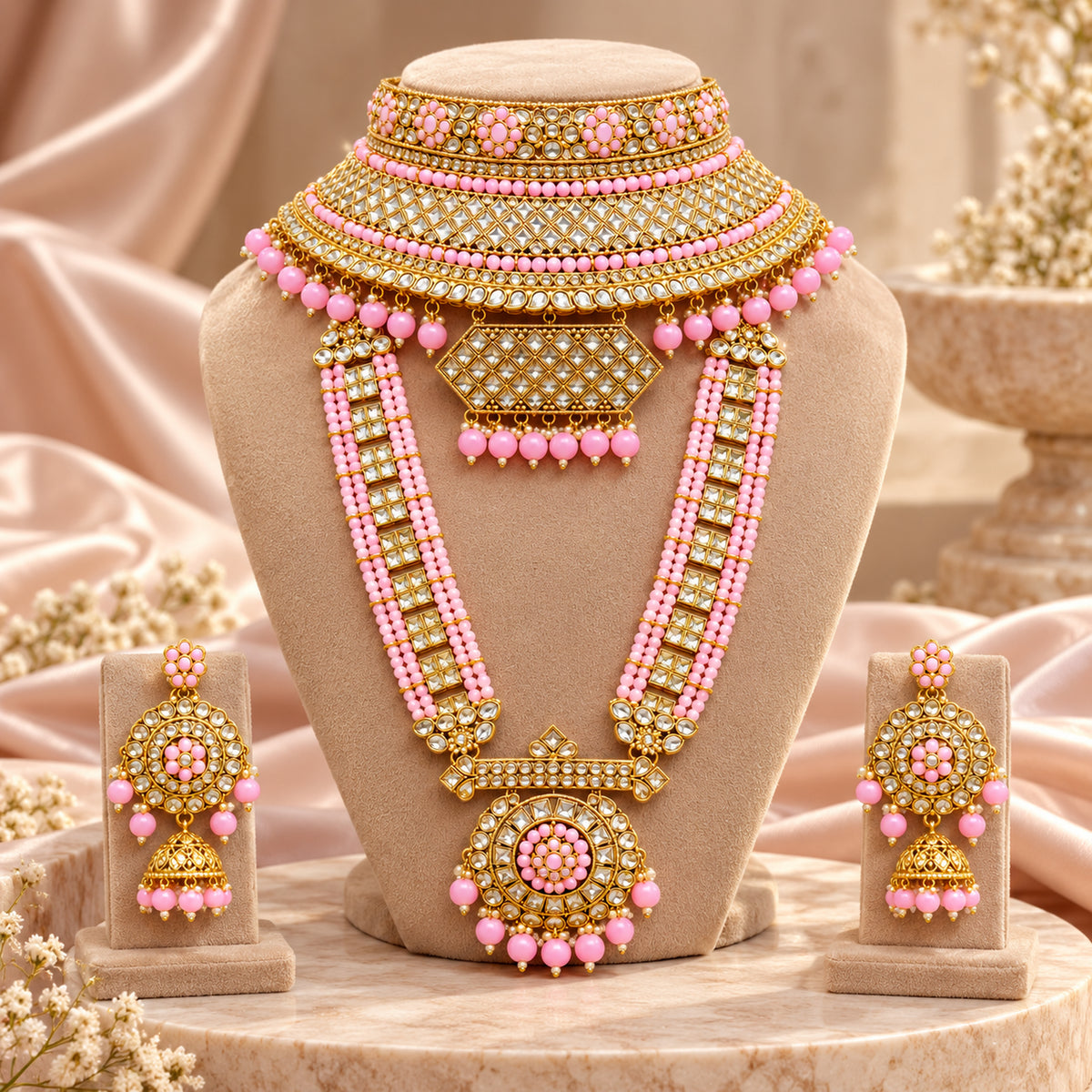 Pink lattice set on a beige bust beside draped fabric and flowers
