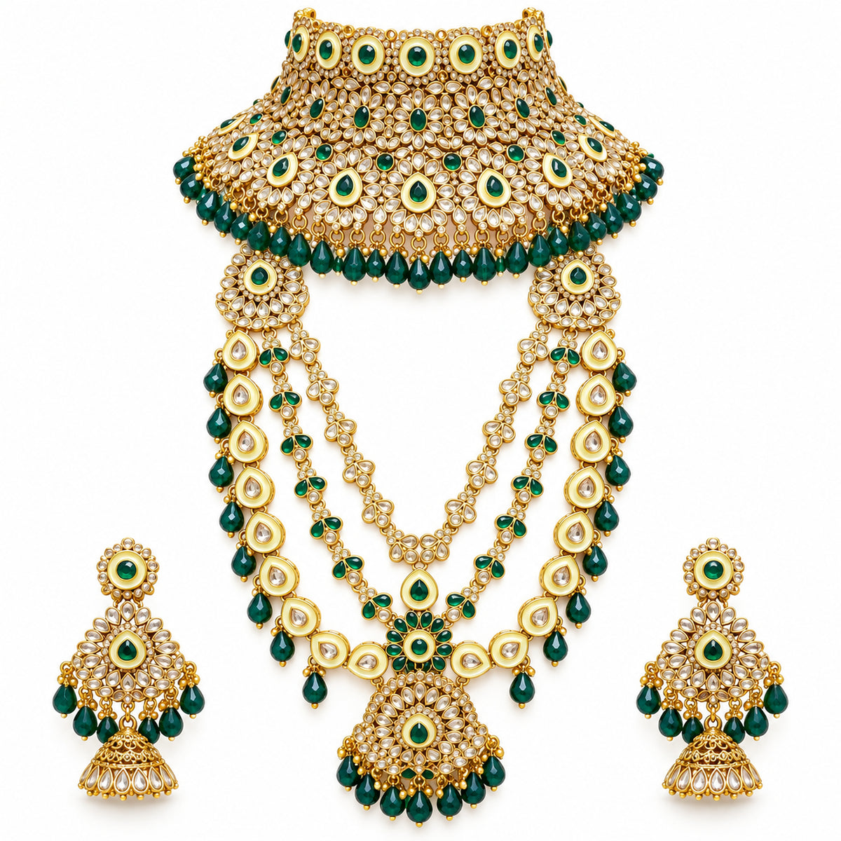 Emerald green and white bridal set with broad choker, layered haar and jhumka earrings on white