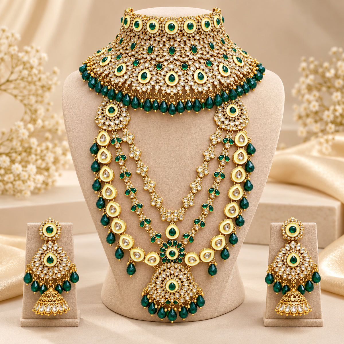 Green and white choker and layered haar displayed with jhumka earrings