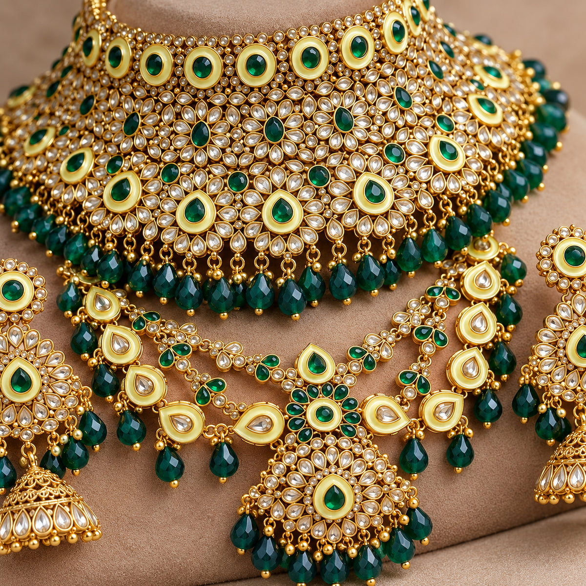 Close-up of green stone accents, white stonework and hanging bead drops