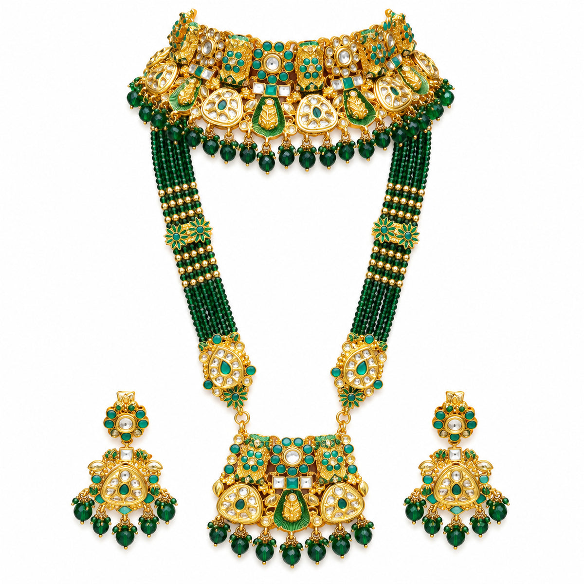Emerald Green Bridal Jewellery Set with Kundan-Style Choker, Multi-Strand Haar & Earrings