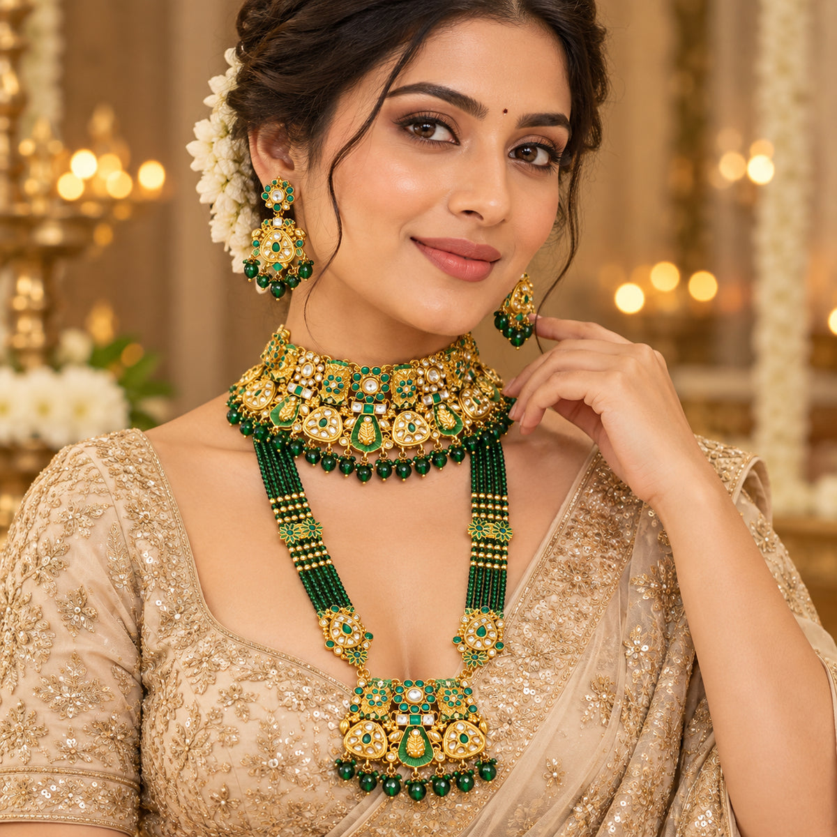 Woman wearing the green choker, multi-strand haar and coordinated earrings