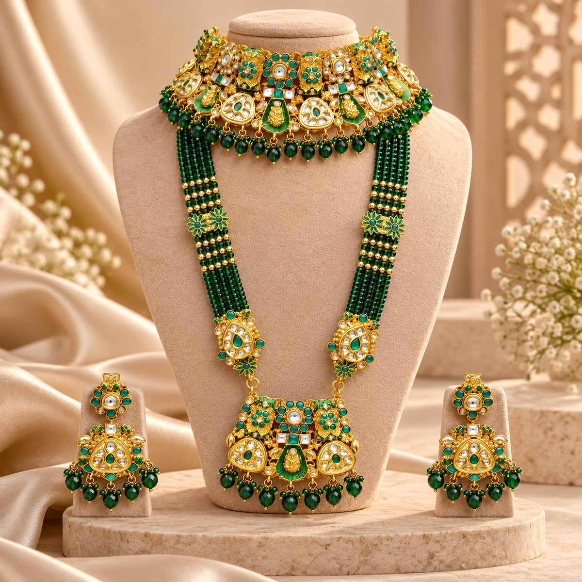 Multi-strand green haar and choker on a necklace bust with earrings beside it
