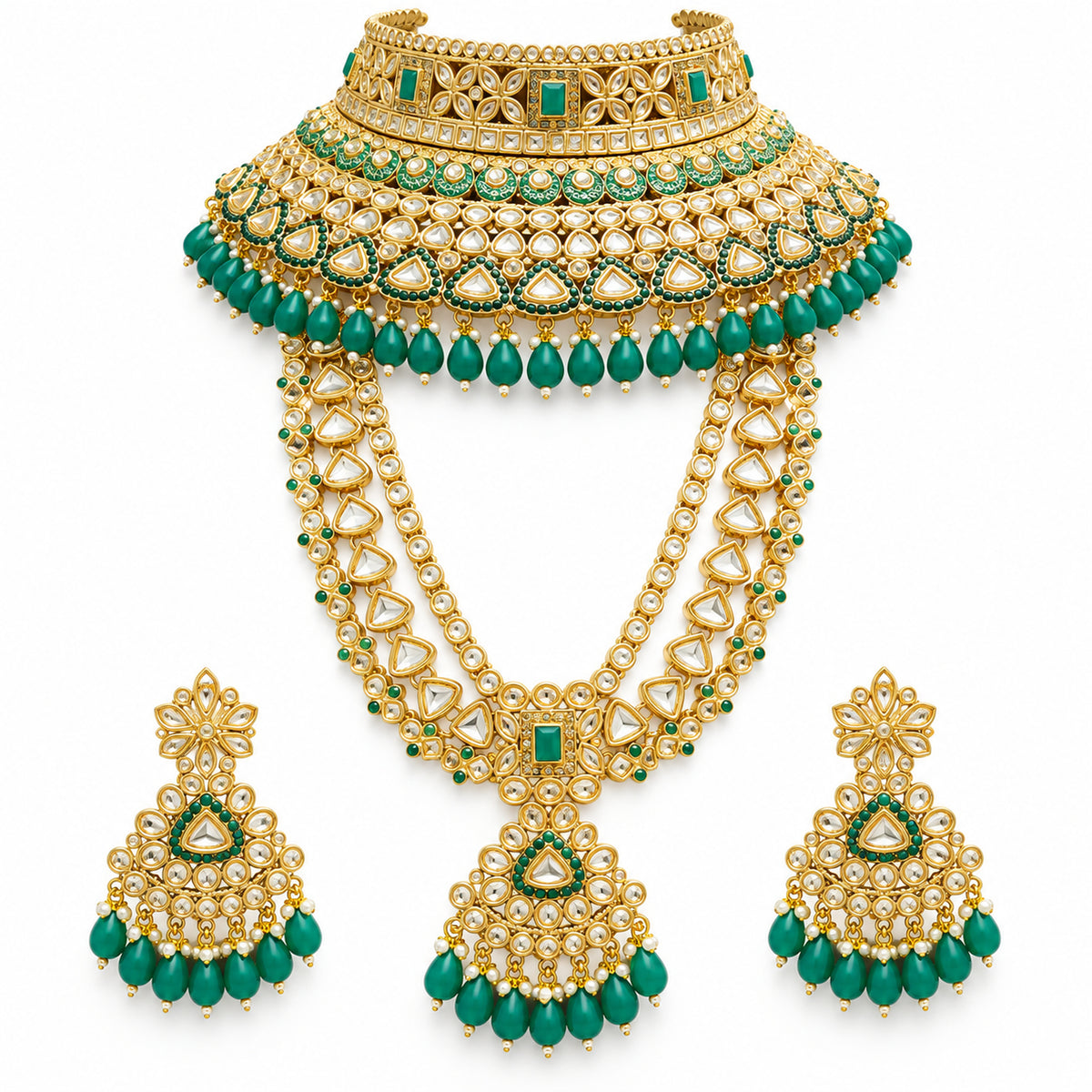Emerald Green Teardrop Kundan-Style Bridal Jewellery Set with Choker, Long Haar & Drop Earrings