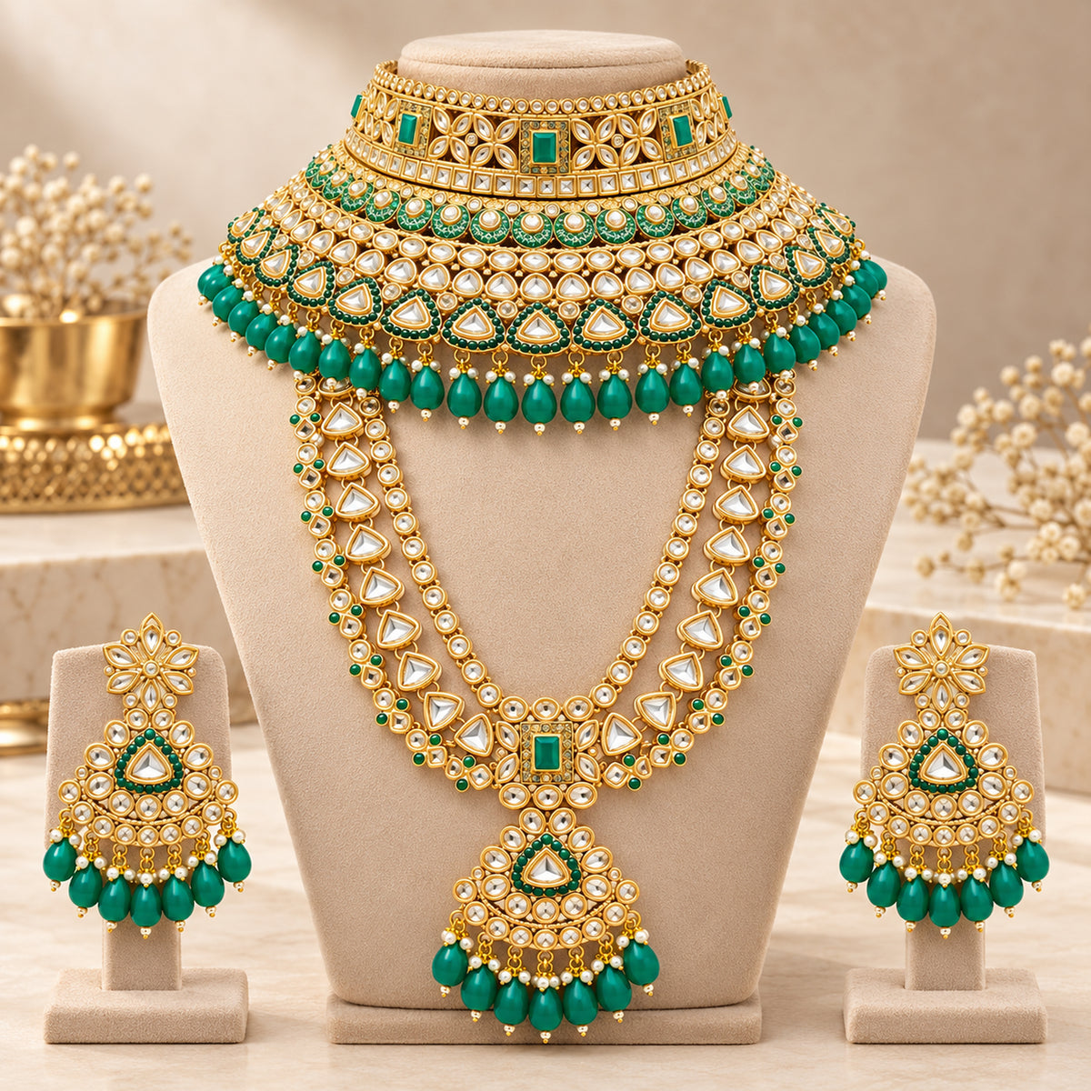 Green teardrop choker and long haar displayed with coordinating earrings