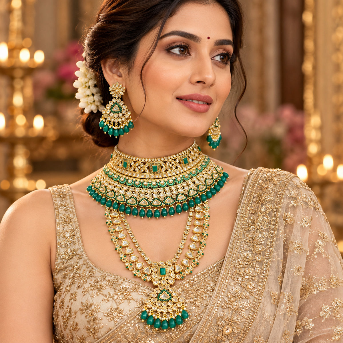 Woman wearing the emerald green choker, long haar and matching drop earrings