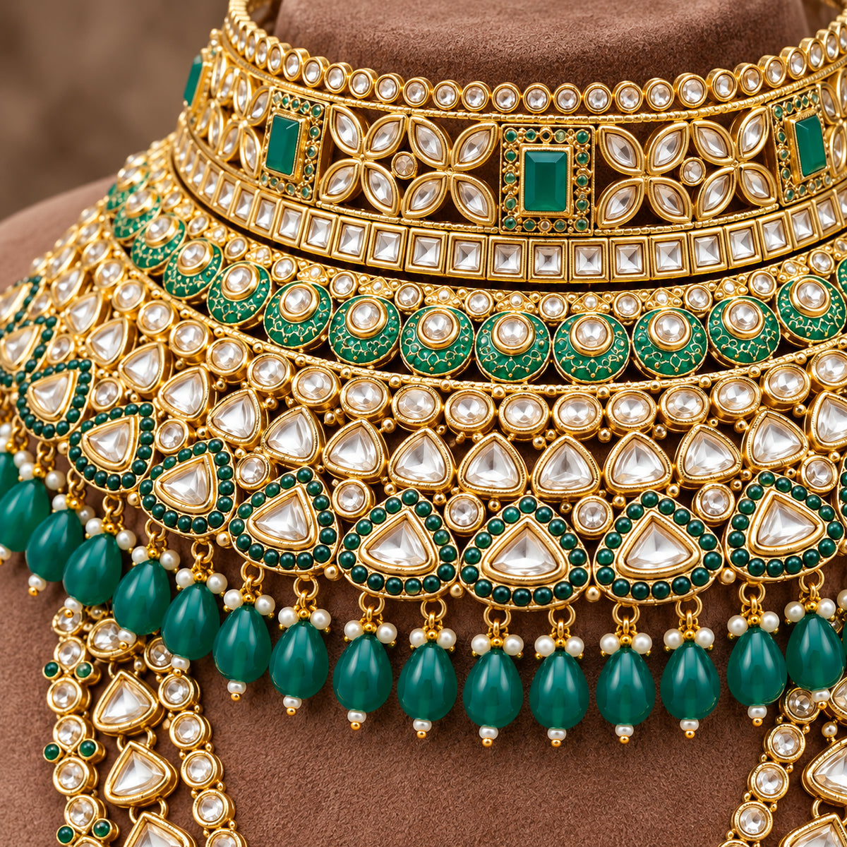 Close-up of green-framed teardrop stones, clear stones and green bead drops