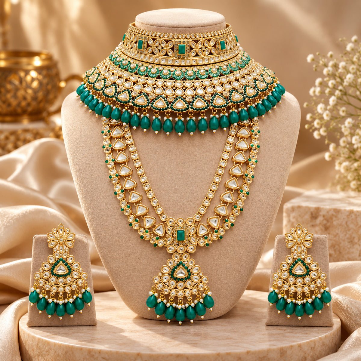 Emerald green teardrop bridal necklace set on a bust with earrings beside it