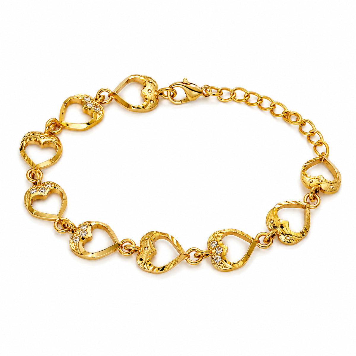 Micro Gold-Plated Brass Open-Heart Link Bracelet for Women with Clear Stones