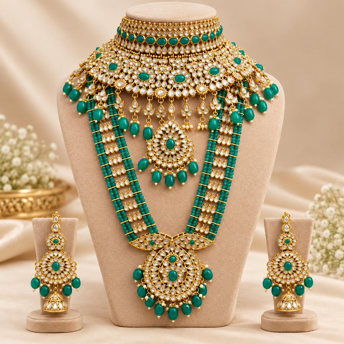 Green bridal choker and long haar displayed on a necklace bust with earrings