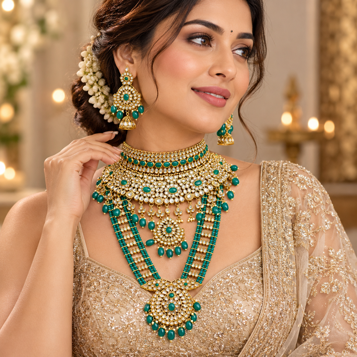 Woman wearing the green bridal choker, long haar and matching earrings