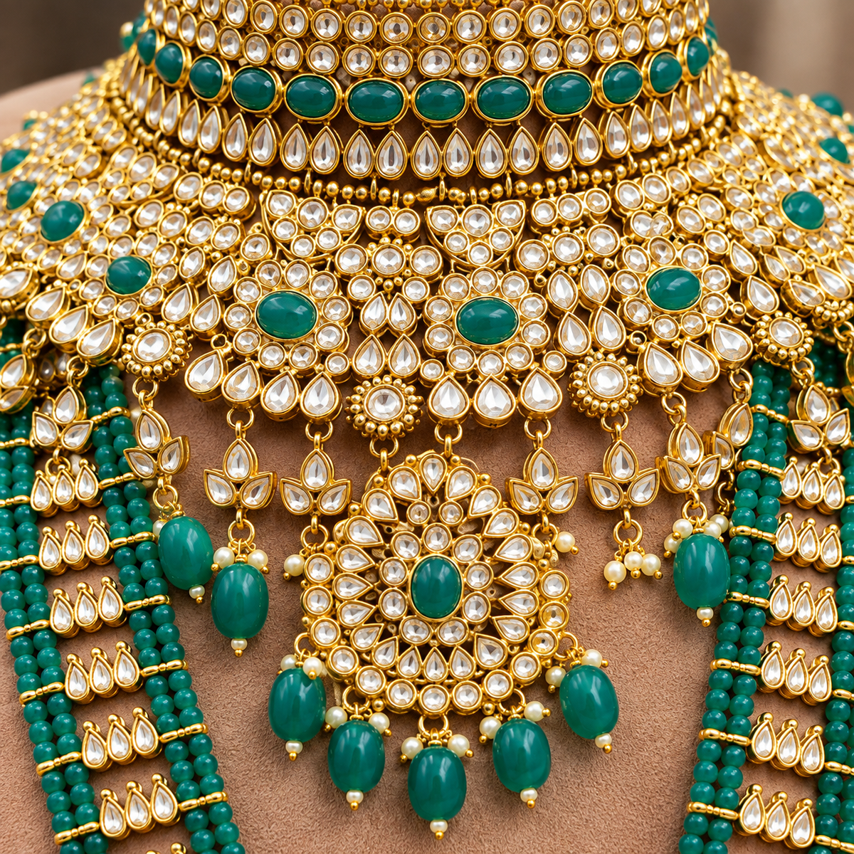 Close-up of white stonework, green stones and the hanging choker medallion