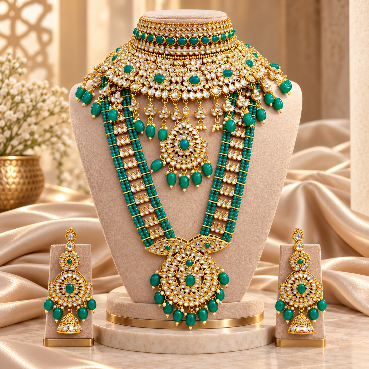 Green choker and long haar on a necklace bust with earrings beside it