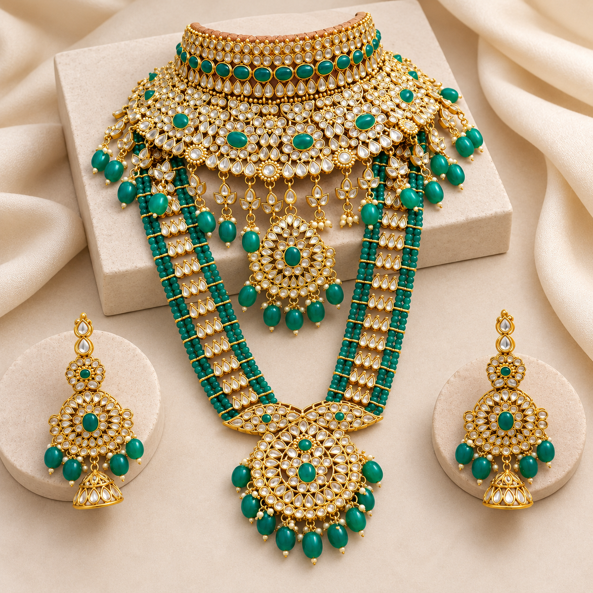 Green Kundan-style bridal necklace set and earrings arranged on cream fabric
