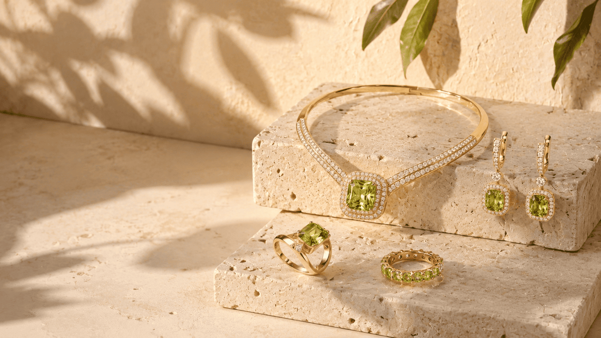 Gold jewelry set with green gemstones displayed on stone blocks against a sunlit beige wall, including a bangle necklace, earrings, and rings.