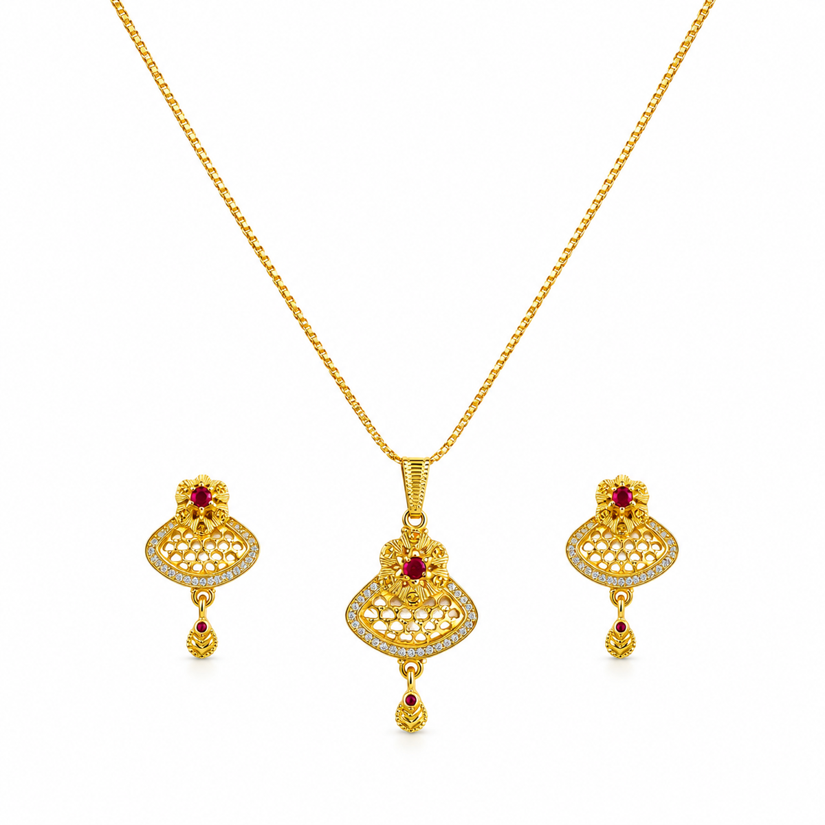 Magenta stone fan pendant set with gold-tone chain and matching earrings on a white background
