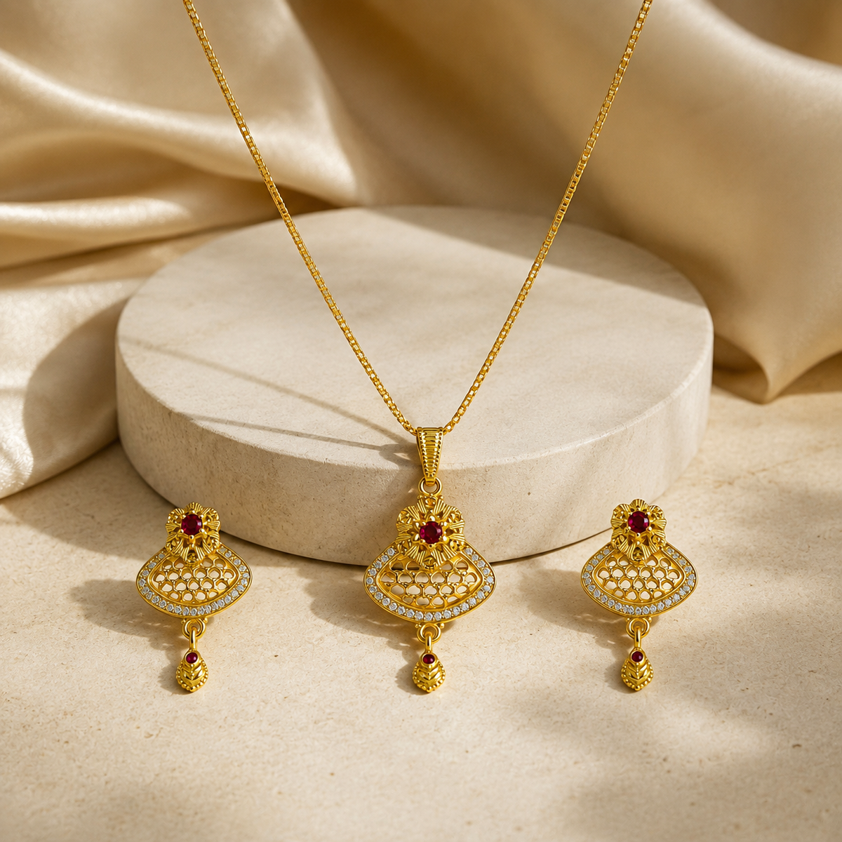 Pendant set displayed on a pale stone jewellery stand