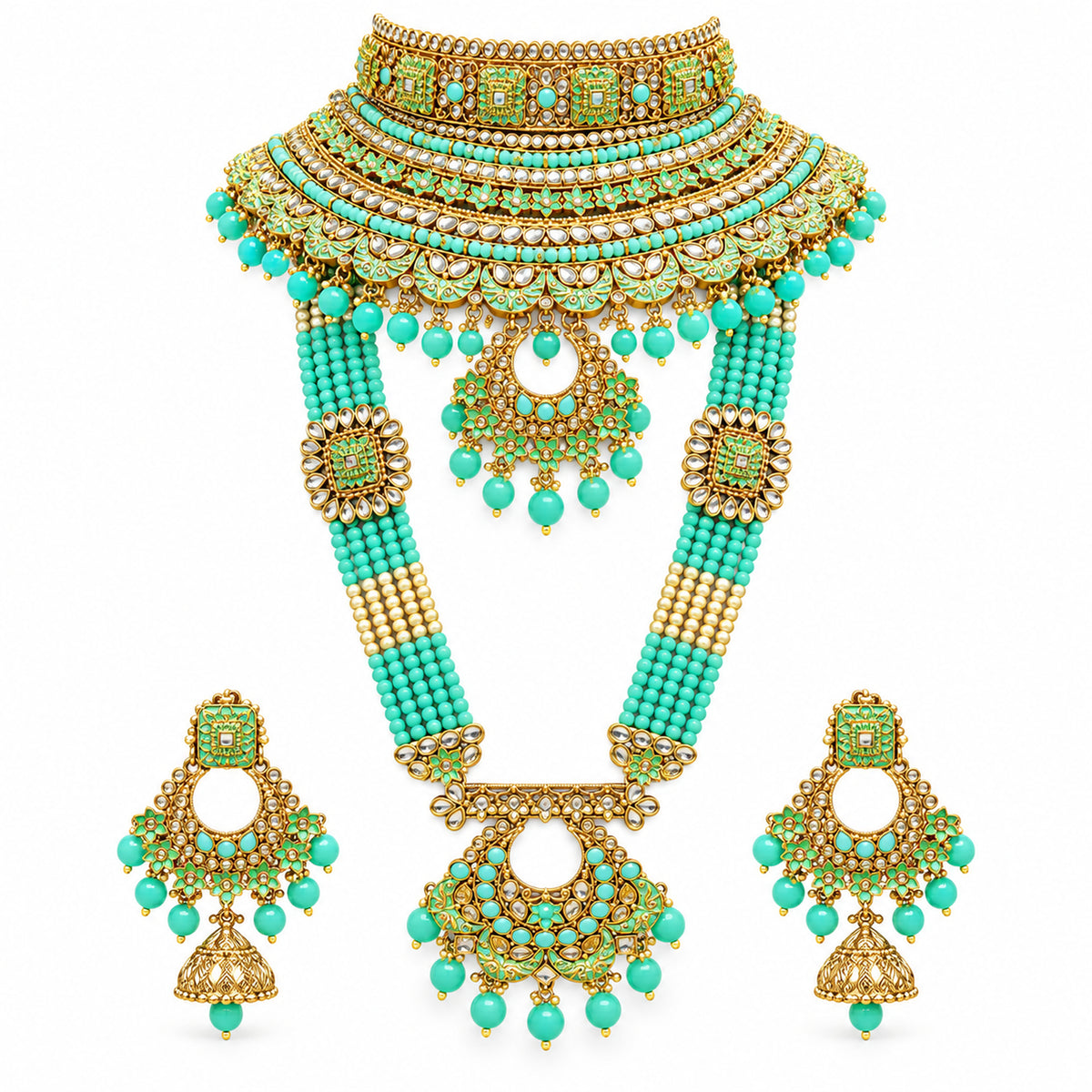 Mint turquoise bridal jewellery set with tiered choker, beaded long haar and jhumkas on white