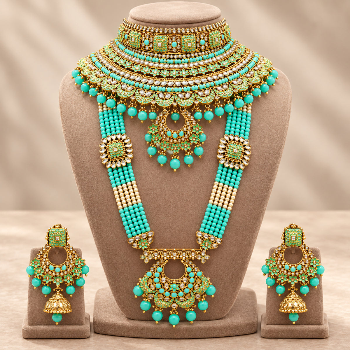 Mint turquoise choker and multi-strand haar displayed with matching earrings