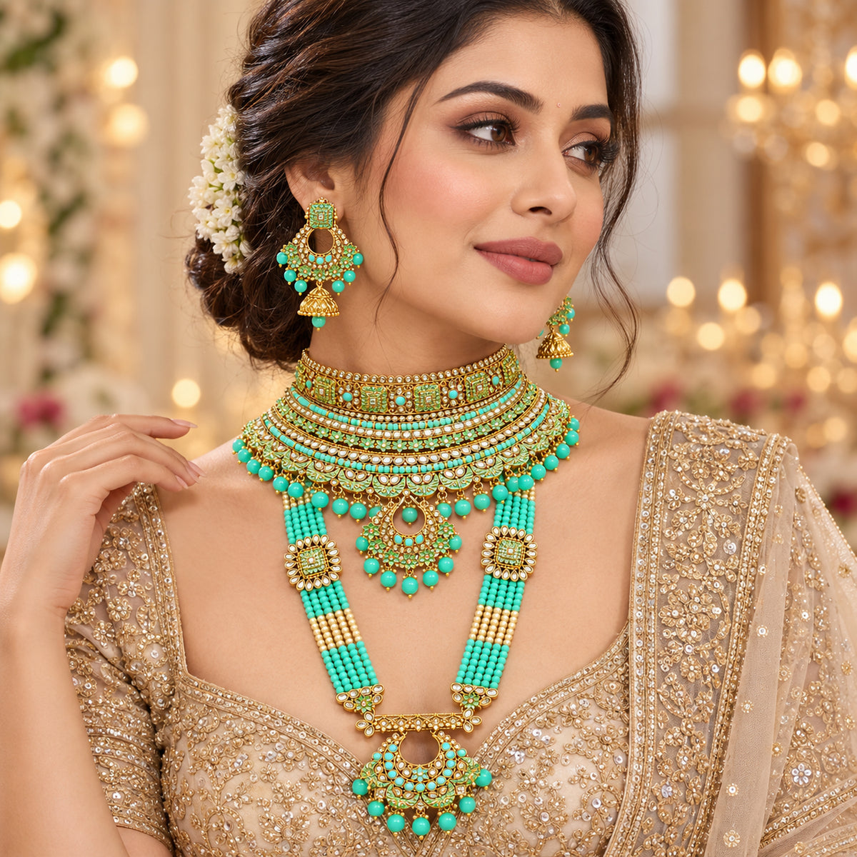 Woman wearing the mint turquoise bridal choker, long haar and coordinated earrings