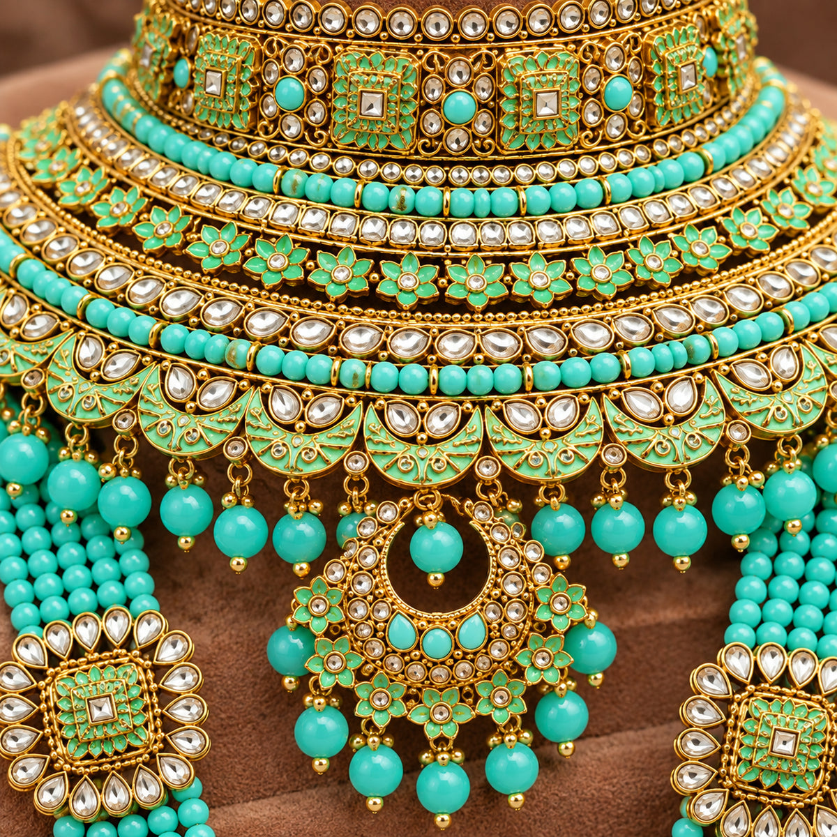 Close-up of turquoise beads, white stones and mint-green choker detailing