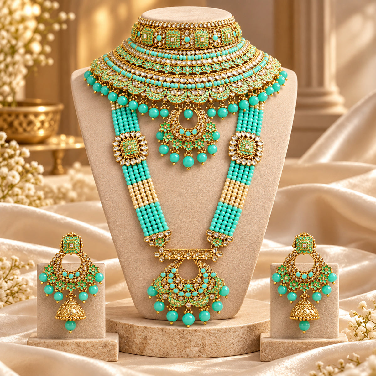 Mint turquoise bridal necklace set on a bust with earrings beside it
