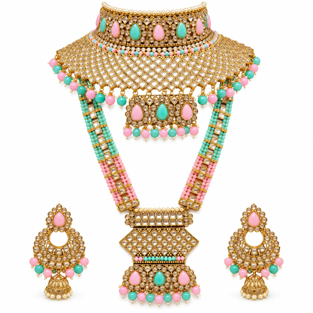 Pink and mint green lattice bridal choker, geometric-pendant haar and jhumka earrings on white